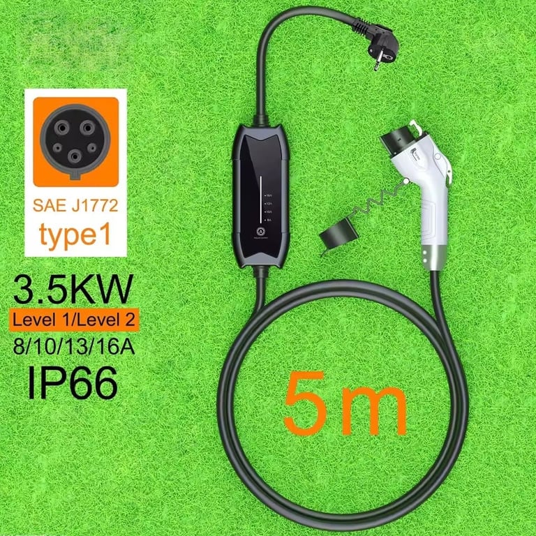 Type 1 EV charging cable, 5 meters, with plug specifications and IP66 rating