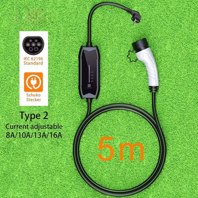 Type 2 electric vehicle charging cable with adjustable current 8A-16A on green background, 5 meters long