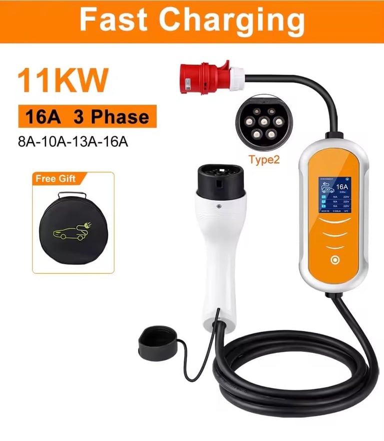 11KW Type2 fast charging station for electric vehicles with 16A 3-phase power, includes free protective bag